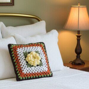 Handmade Crochet Yellow Rose Square Pillow Cover 15x15 Shabby Chic Decor